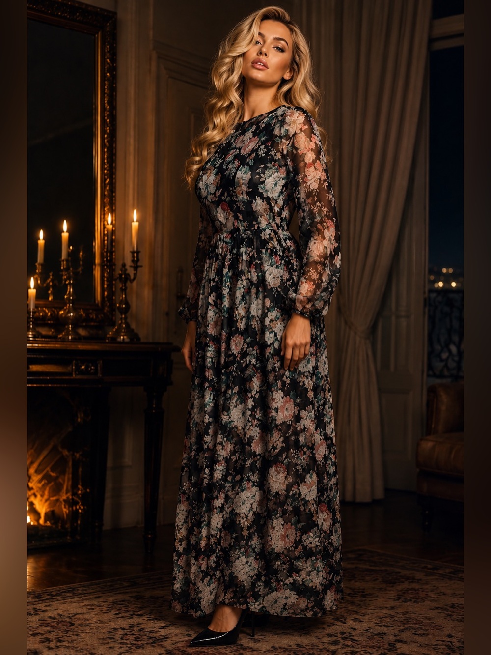 Liza Muromskaya Black Floral Maxi Dress Sheer Long Sleeve Romantic Boho Elegant